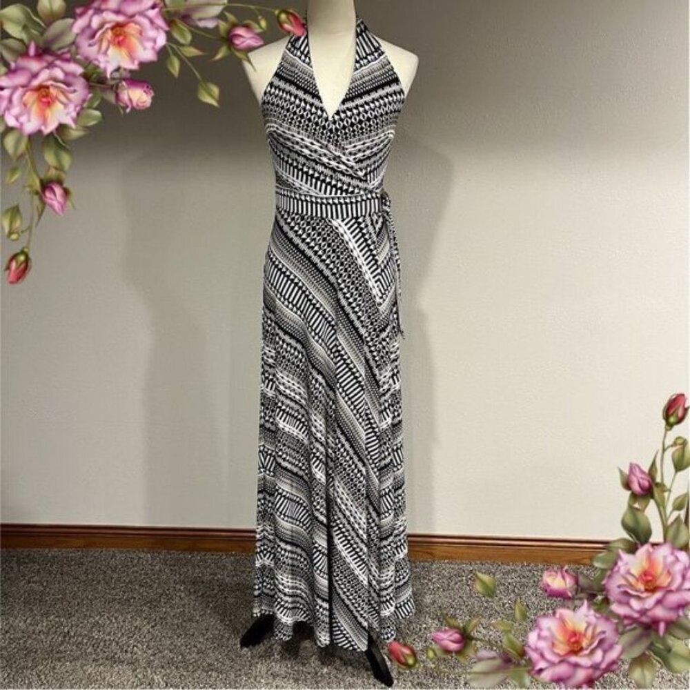 White House Black Market Geometric Print Halter Maxi Dress size 0